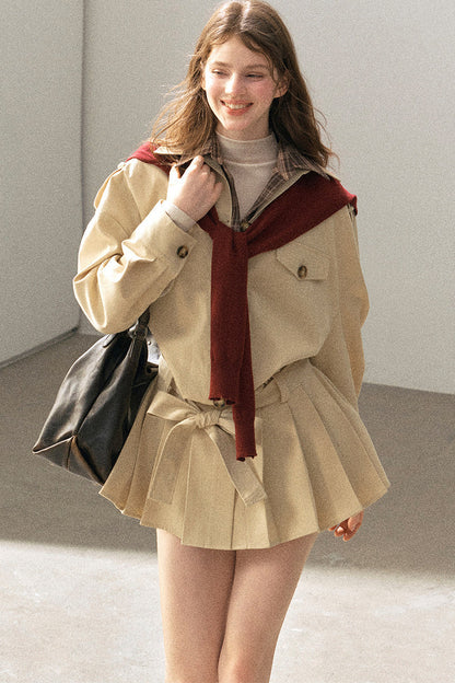 Plaid Collar Trench Coat With Pleated Skirt Set-Up