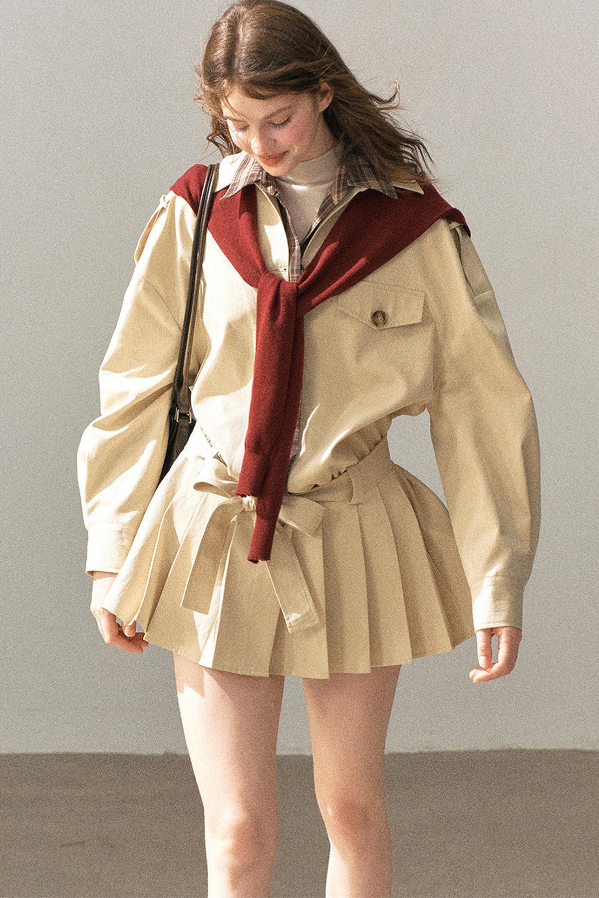 Plaid Collar Trench Coat With Pleated Skirt Set-Up