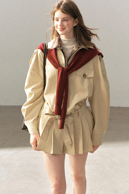 Plaid Collar Trench Coat With Pleated Skirt Set-Up