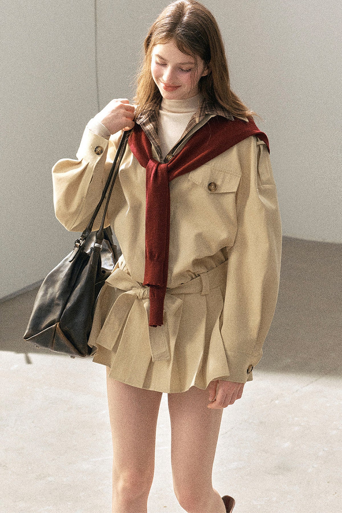Plaid Collar Trench Coat With Pleated Skirt Set-Up