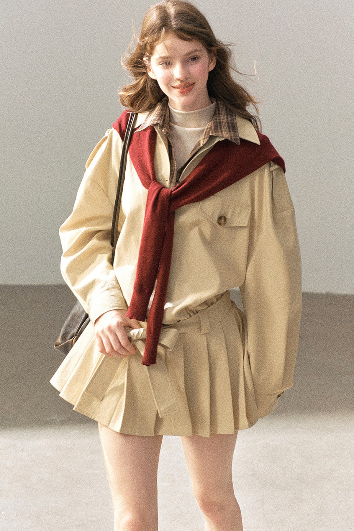 Plaid Collar Trench Coat With Pleated Skirt Set-Up