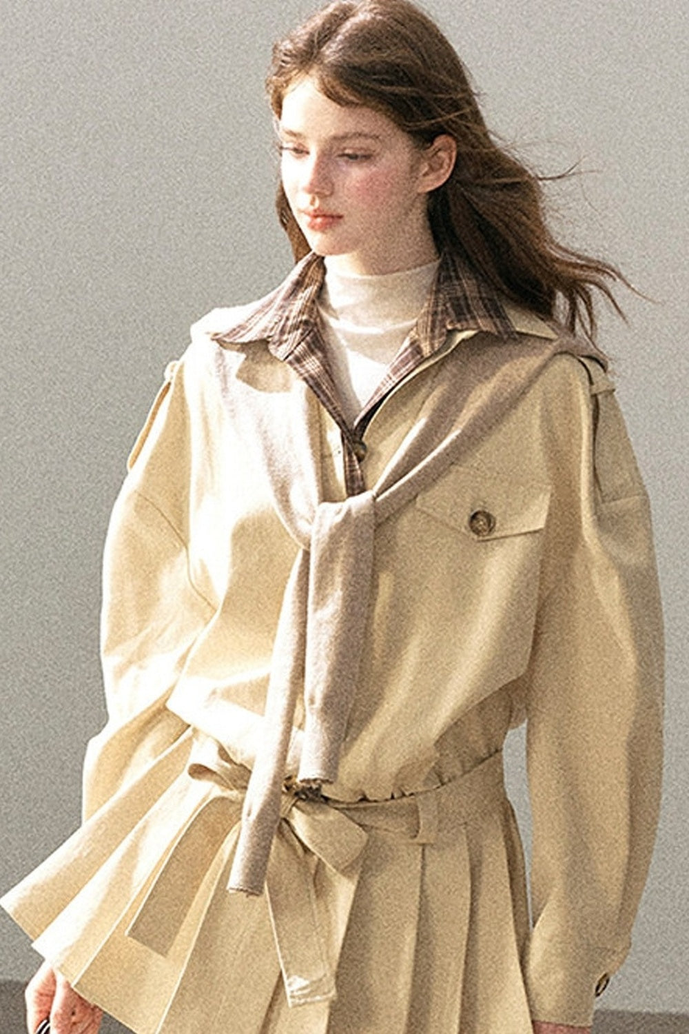 Plaid Collar Trench Coat With Pleated Skirt Set-Up