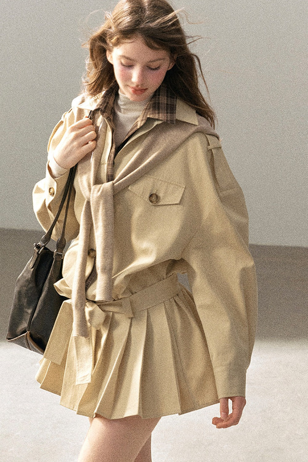 Plaid Collar Trench Coat With Pleated Skirt Set-Up