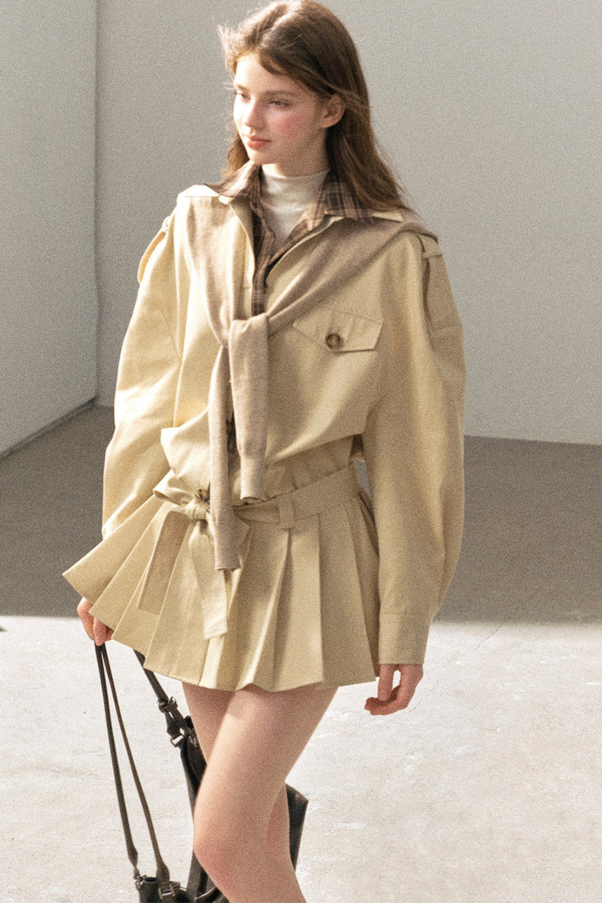 Plaid Collar Trench Coat With Pleated Skirt Set-Up