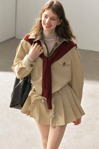 Plaid Collar Trench Coat With Pleated Skirt Set-Up