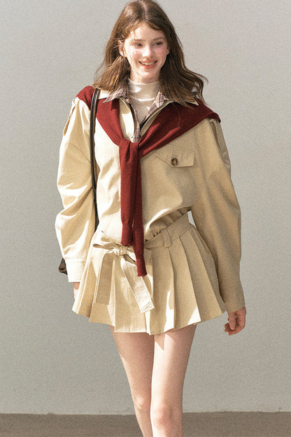 Plaid Collar Trench Coat With Pleated Skirt Set-Up