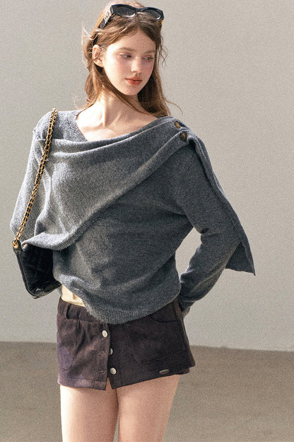 Korean-Style Long-Sleeve Shawl-Style Knitted Sweater