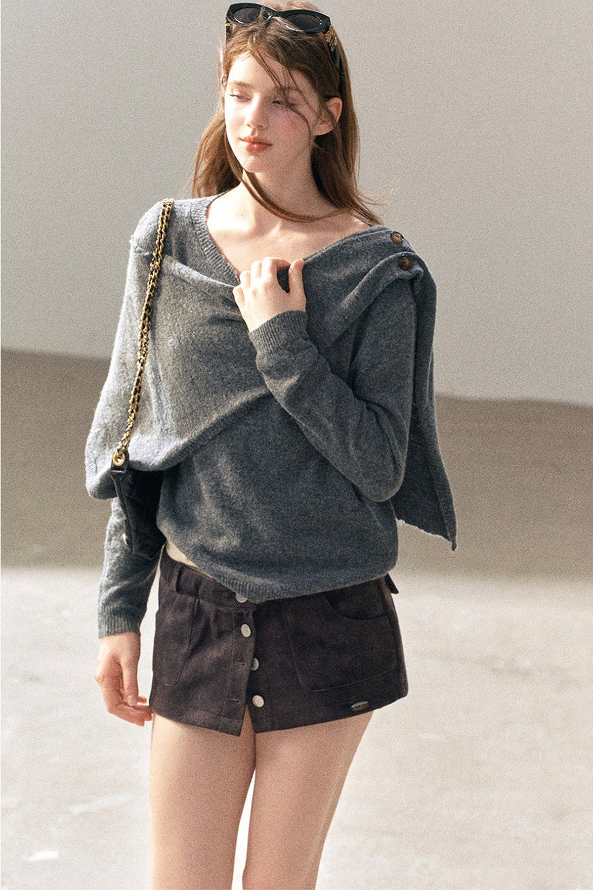 Korean-Style Long-Sleeve Shawl-Style Knitted Sweater