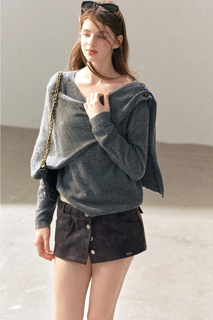 Korean-Style Long-Sleeve Shawl-Style Knitted Sweater