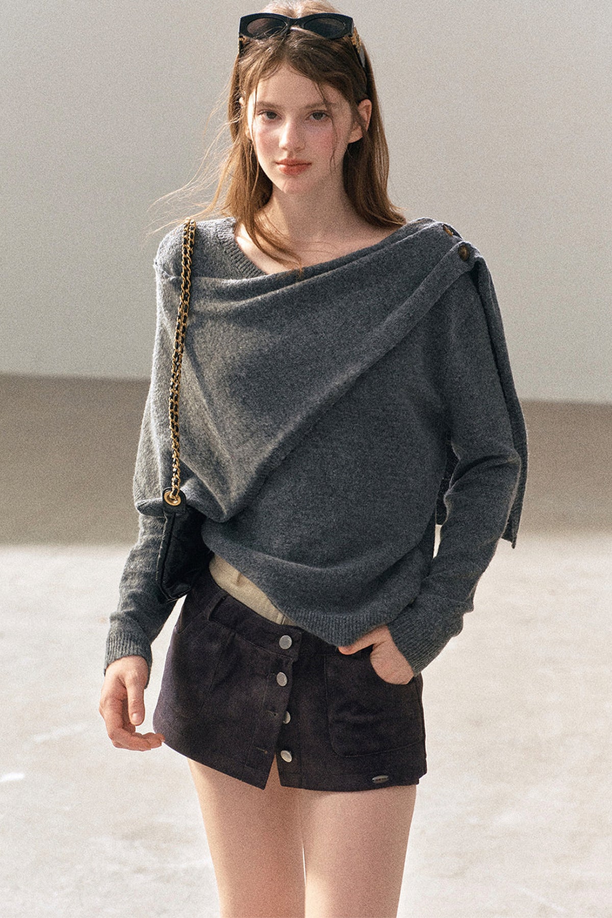 Korean-Style Long-Sleeve Shawl-Style Knitted Sweater
