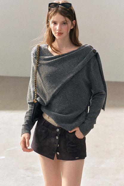 Korean-Style Long-Sleeve Shawl-Style Knitted Sweater