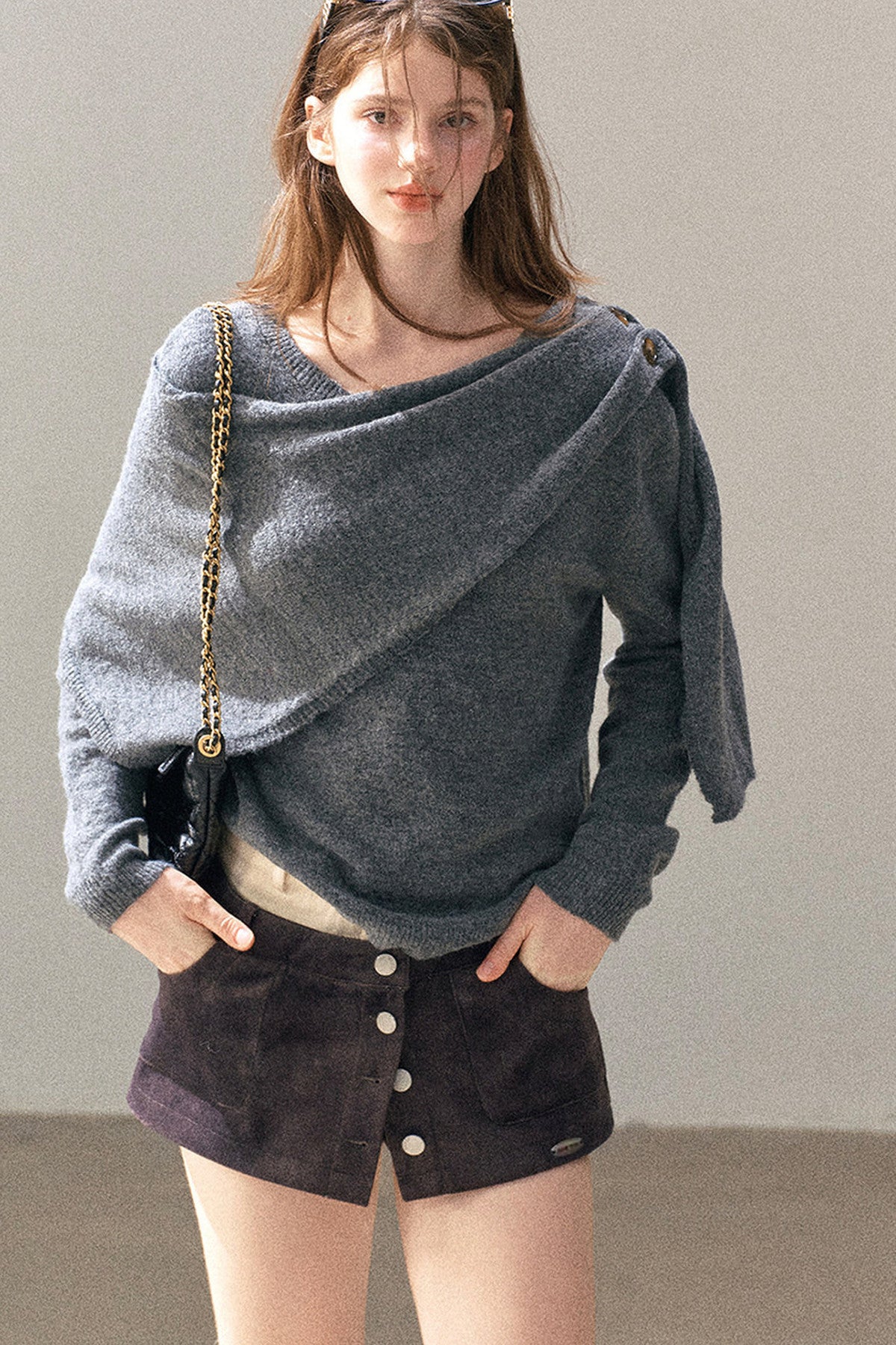 Korean-Style Long-Sleeve Shawl-Style Knitted Sweater