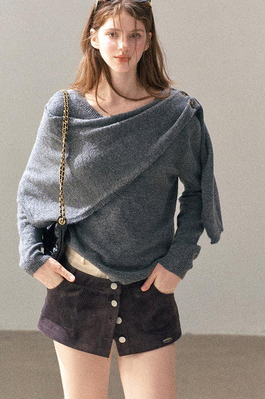 Strickpullover im koreanischen Stil mit langen Ärmeln und Schal-Kragen