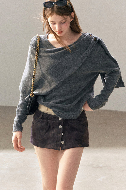 Korean-Style Long-Sleeve Shawl-Style Knitted Sweater