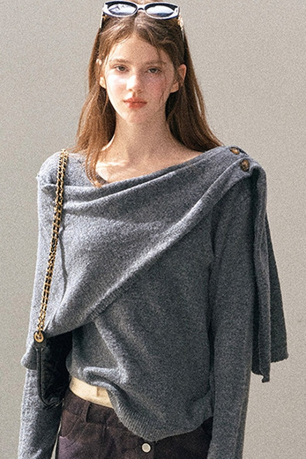 Korean-Style Long-Sleeve Shawl-Style Knitted Sweater