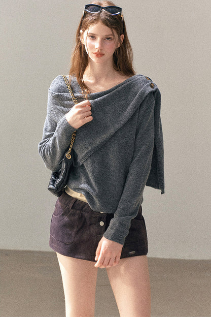 Korean-Style Long-Sleeve Shawl-Style Knitted Sweater
