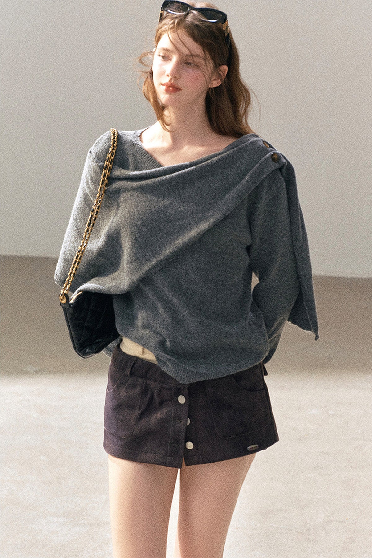 Korean-Style Long-Sleeve Shawl-Style Knitted Sweater