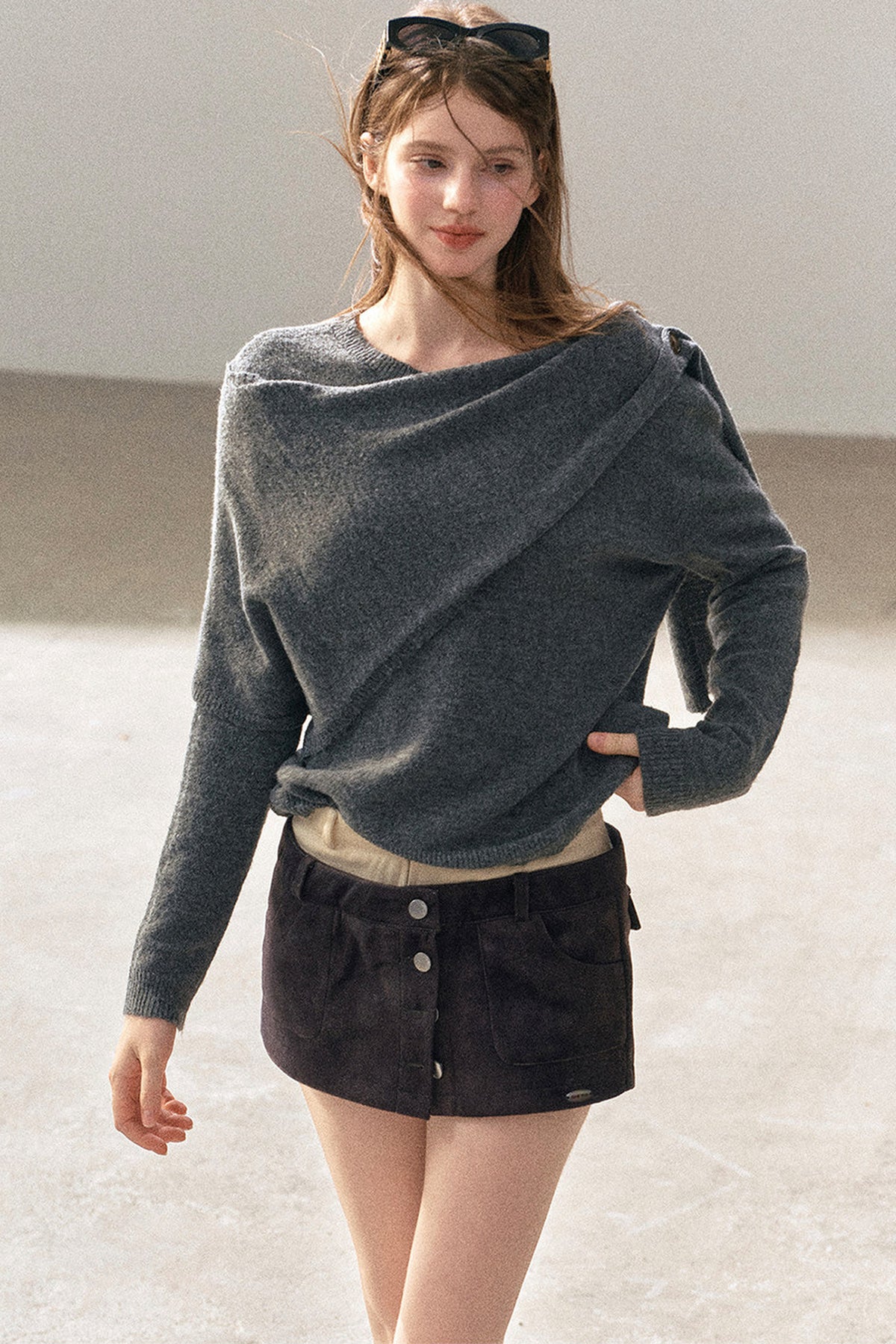 Korean-Style Long-Sleeve Shawl-Style Knitted Sweater