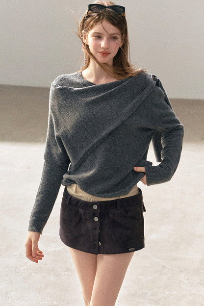 Korean-Style Long-Sleeve Shawl-Style Knitted Sweater
