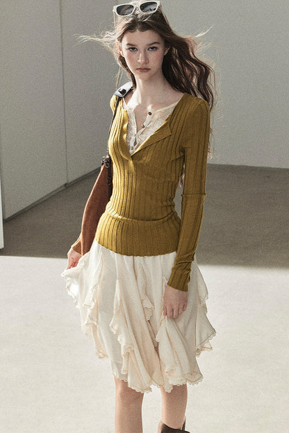 Ribbed Lace Knit Top