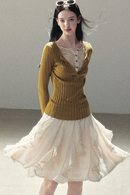 Ribbed Lace Knit Top