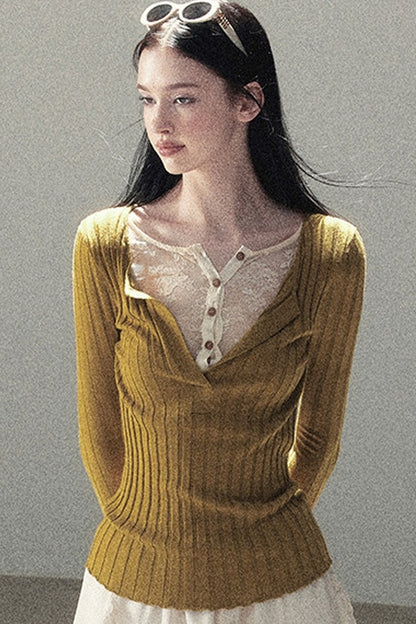 Ribbed Lace Knit Top