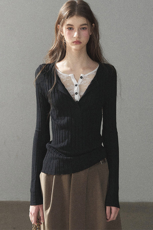 Ribbed Lace Knit Top