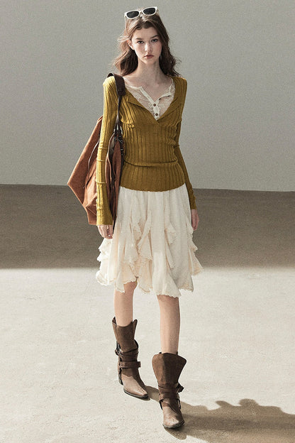Ribbed Lace Knit Top