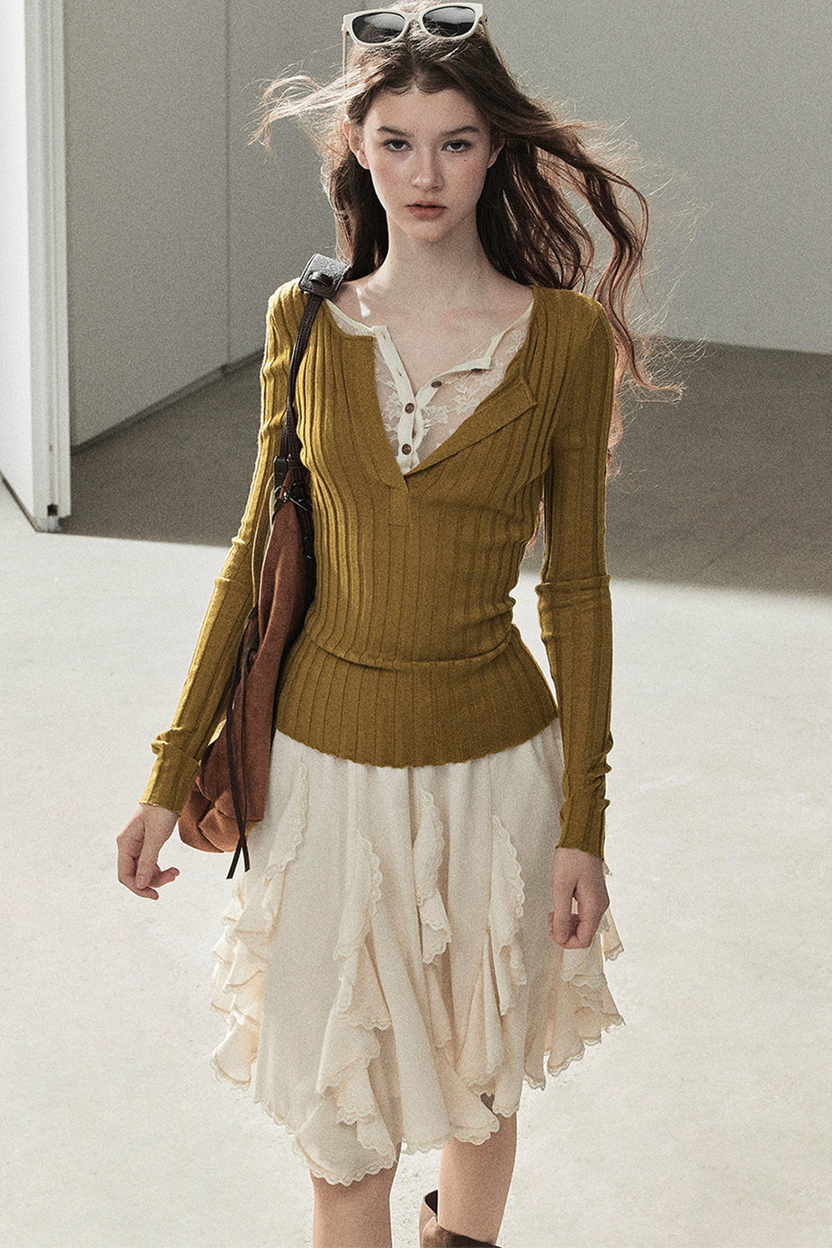 Ribbed Lace Knit Top