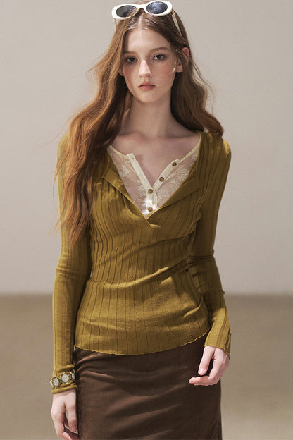 Ribbed Lace Knit Top