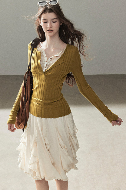 Ribbed Lace Knit Top