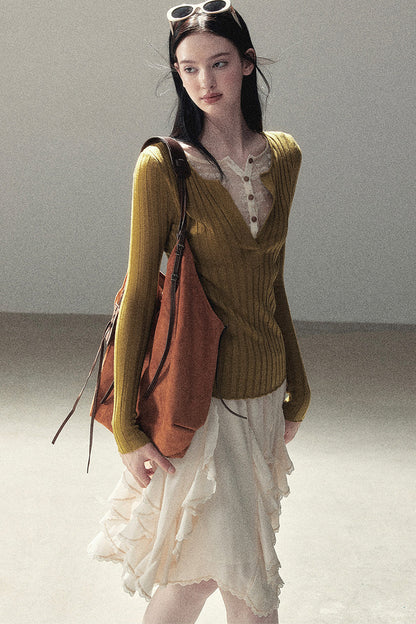 Ribbed Lace Knit Top