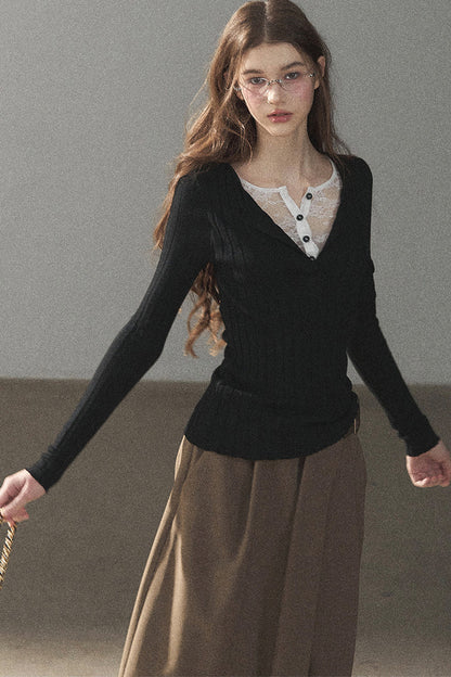 Ribbed Lace Knit Top