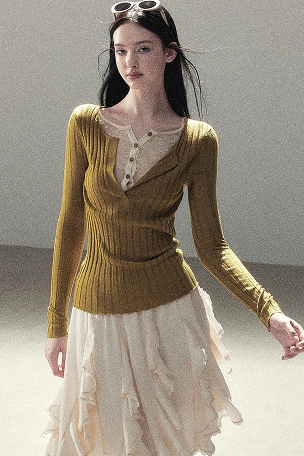 Ribbed Lace Knit Top