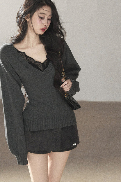 Top a maglia con scollo a V e maniche lunghe