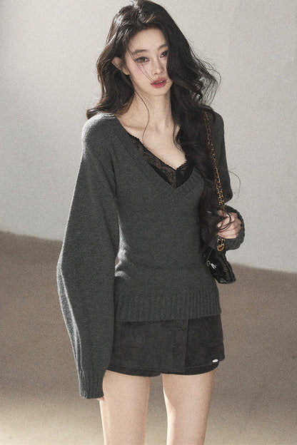 Top a maglia con scollo a V e maniche lunghe