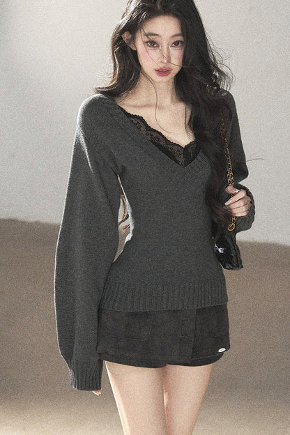 Top a maglia con scollo a V e maniche lunghe