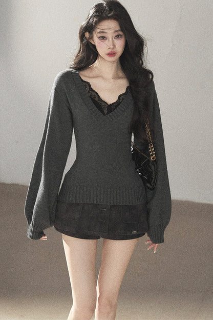 Top a maglia con scollo a V e maniche lunghe