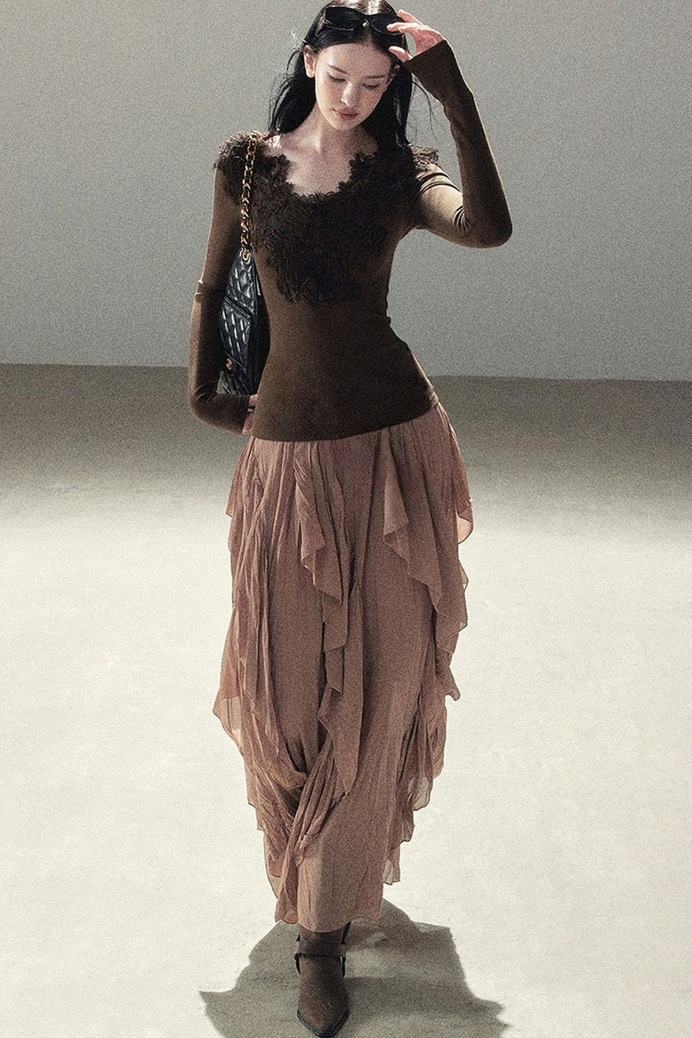 Long Sleeve V-Neck Lace T-Shirt