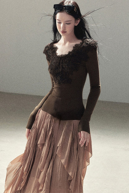 Long Sleeve V-Neck Lace T-Shirt