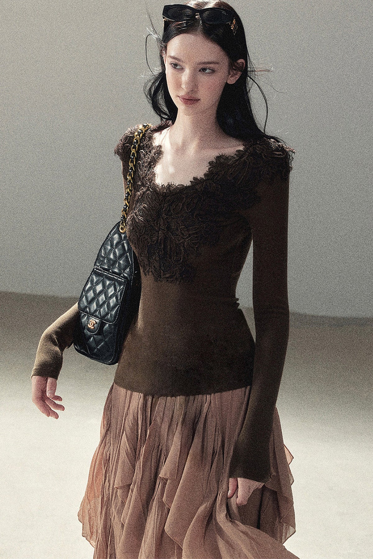Long Sleeve V-Neck Lace T-Shirt