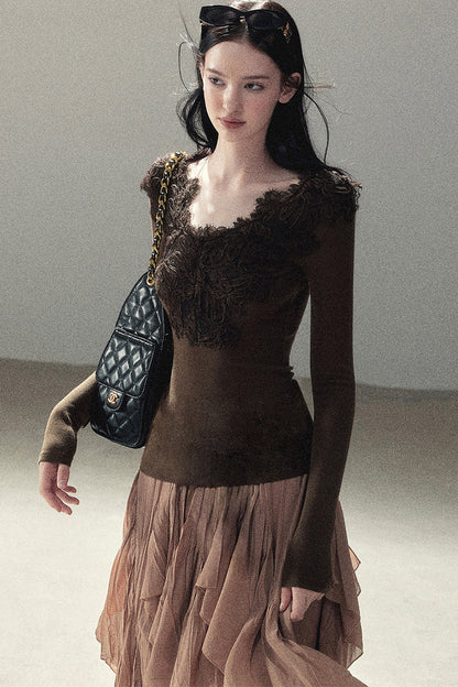 Long Sleeve V-Neck Lace T-Shirt