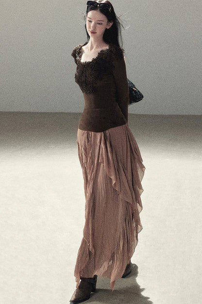 Long Sleeve V-Neck Lace T-Shirt