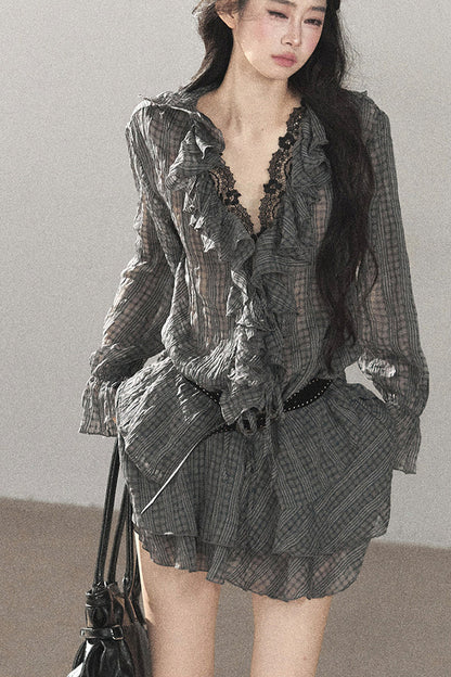 Set aus gerüschtem Chiffon-Top und kurzem Rock