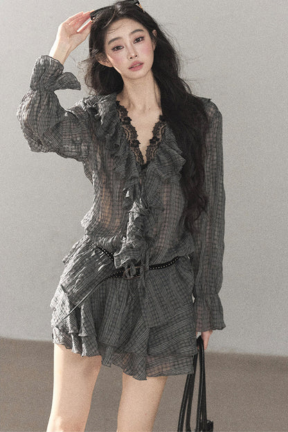 Set aus gerüschtem Chiffon-Top und kurzem Rock