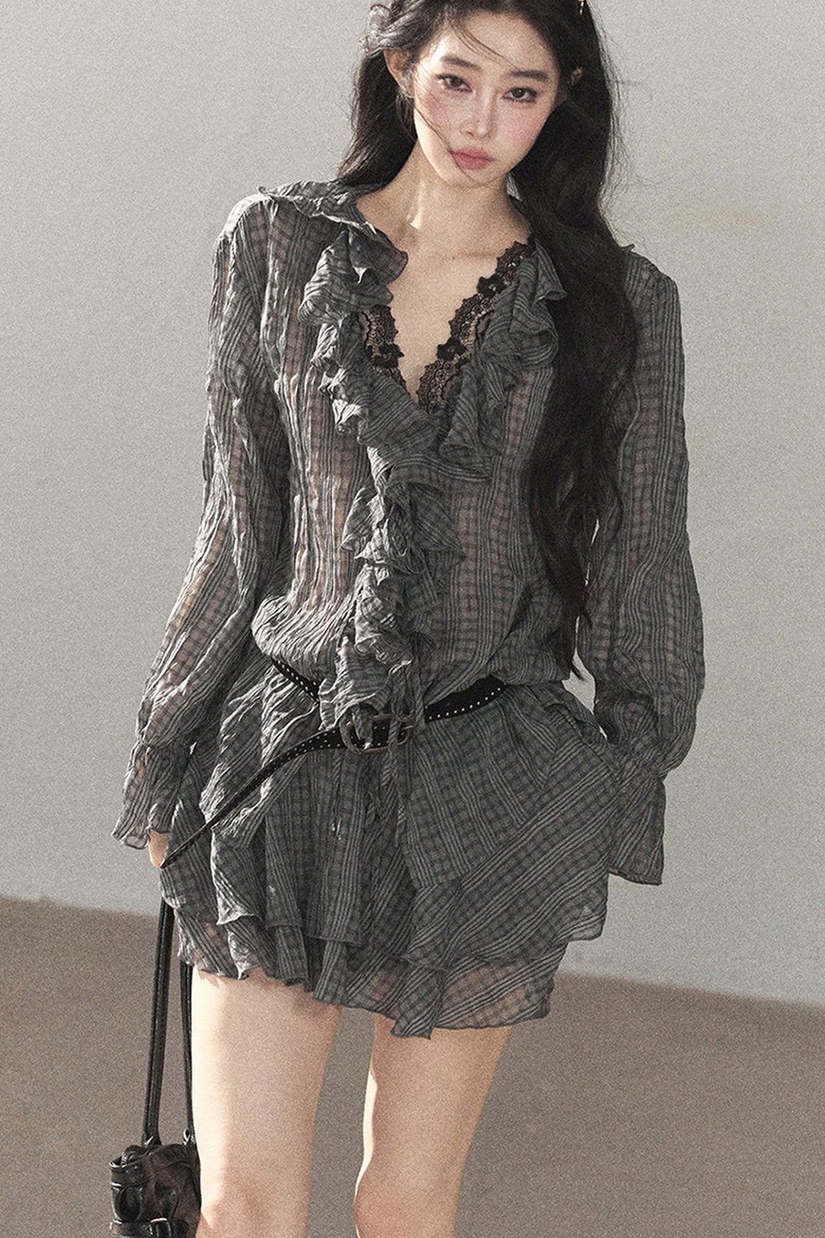 Set aus gerüschtem Chiffon-Top und kurzem Rock