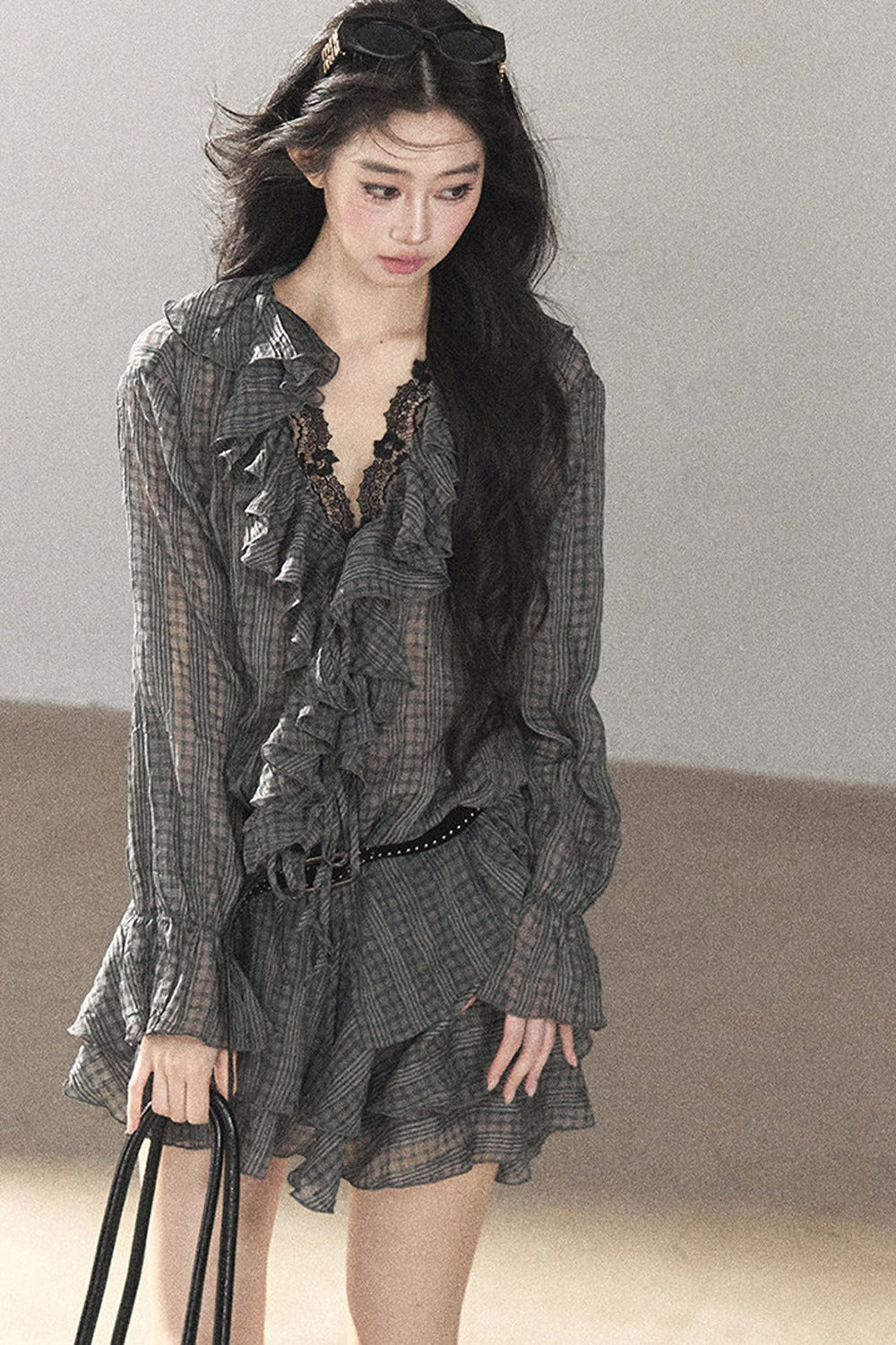 Set aus gerüschtem Chiffon-Top und kurzem Rock