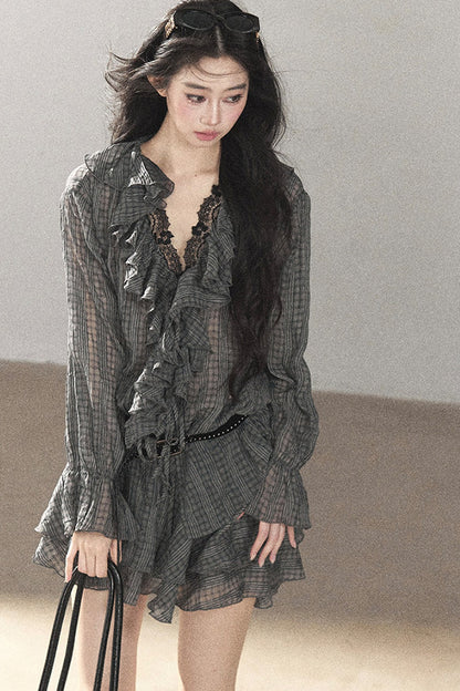Set aus gerüschtem Chiffon-Top und kurzem Rock