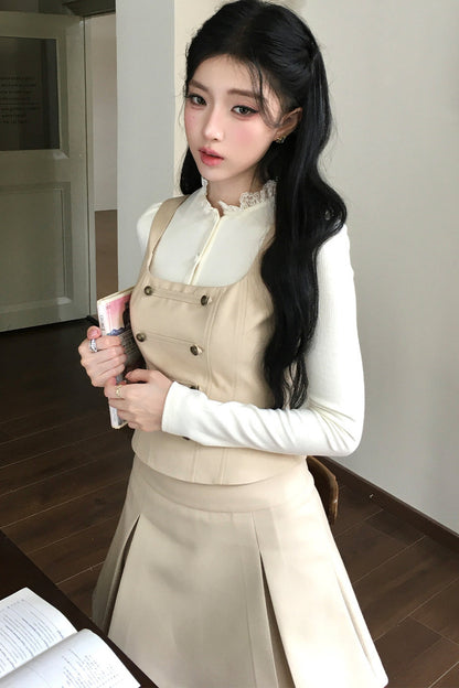 Korean Rich Girl Vest and Pleated Skirt Set-Up