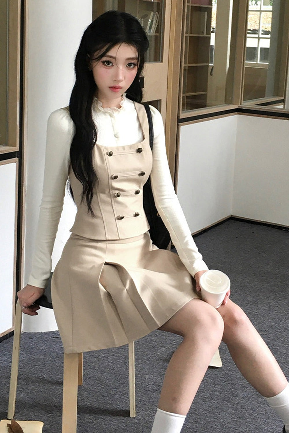 Korean Rich Girl Vest and Pleated Skirt Set-Up